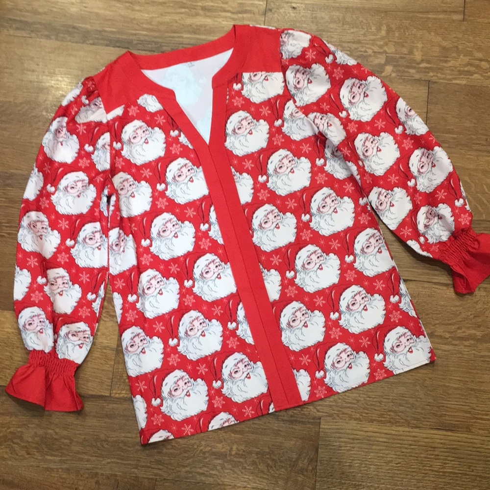 Festive Santa Face Red Holiday v neck Blouse